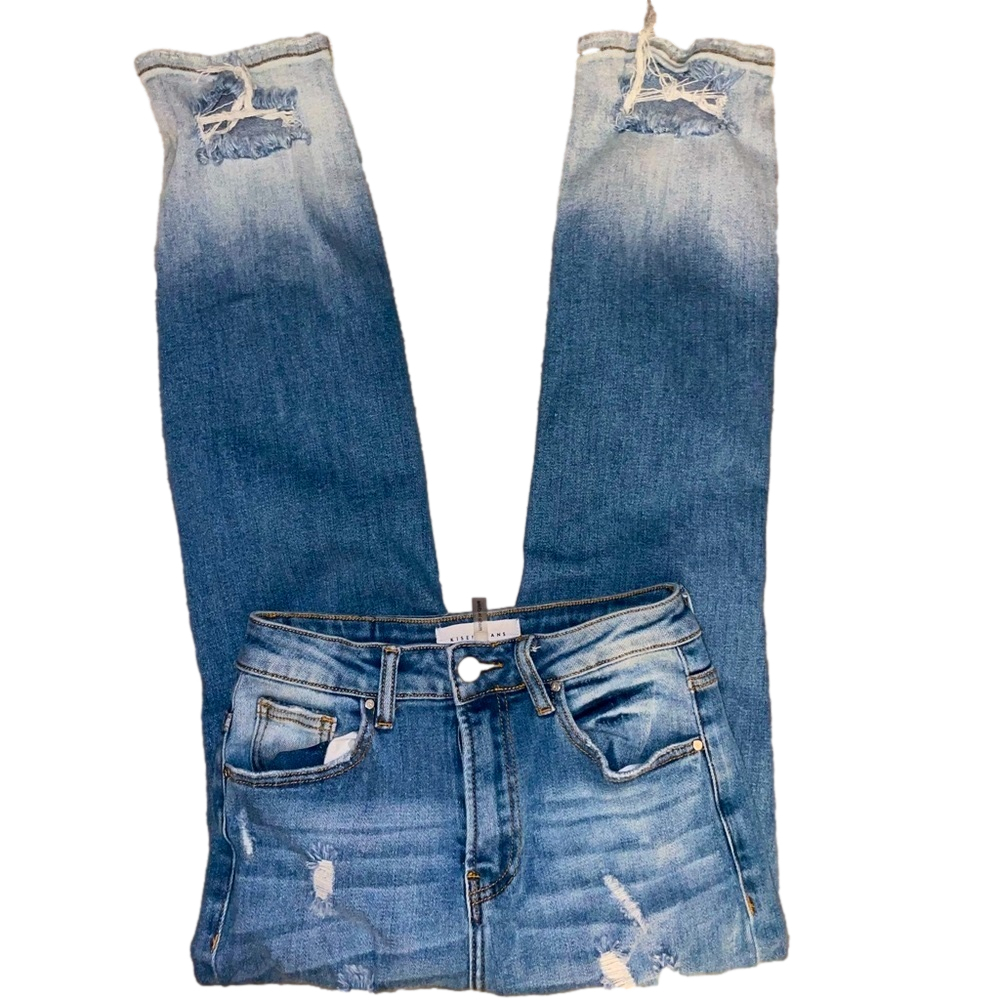 RISEN Jeans Distressed Two Tone Denim Straight Women Size 3 Boho Stretch Edgy - Picture 6 of 12